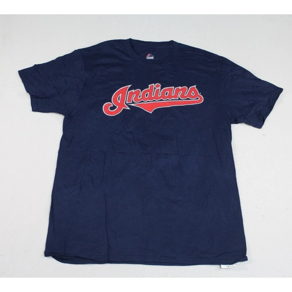 Cleveland Indians Men Blue Shirt Spell Out Lindor 12 Casual Majestic Size Large
